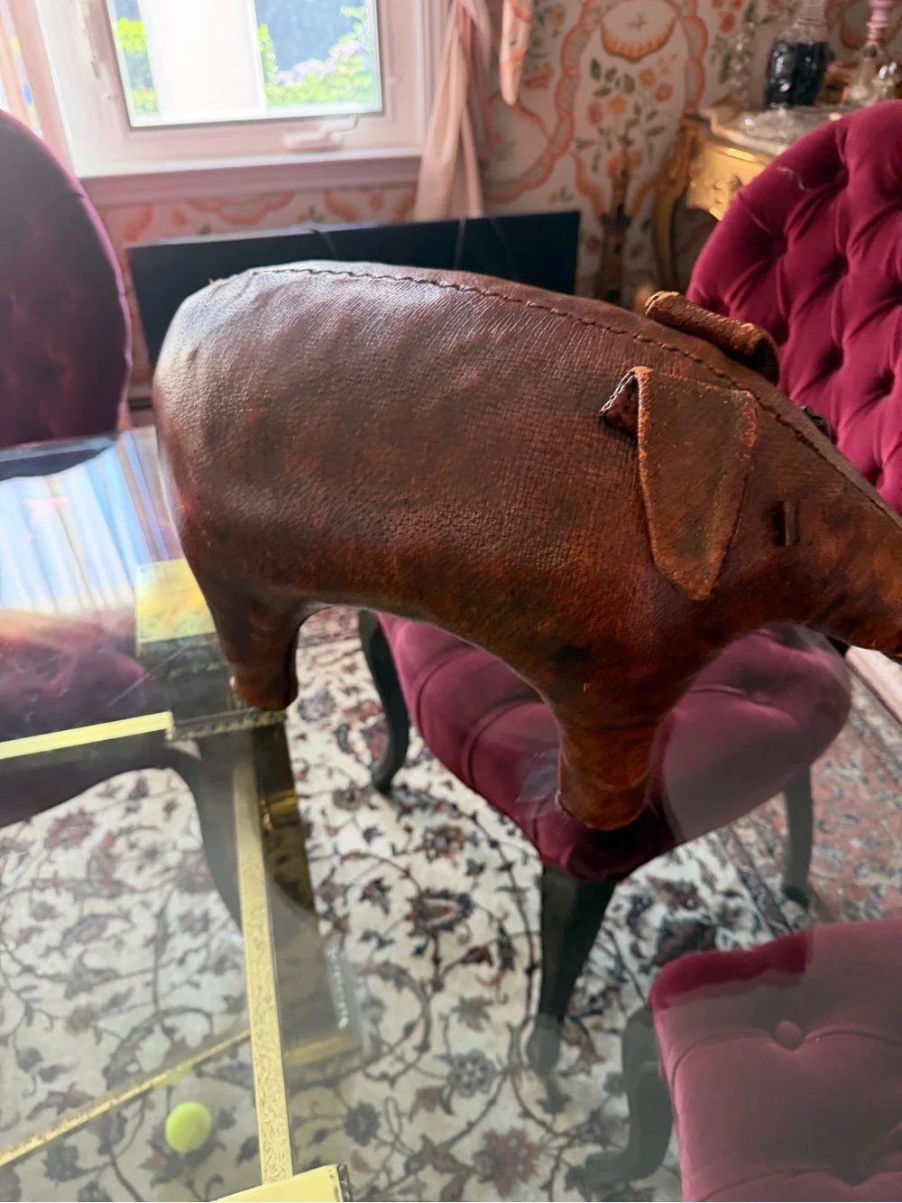 Vintage-Style Brown Leather Pig Accent - Home Dining Decor